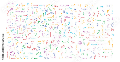 A collection of colorful hand drawn arrows pointing in various directions on a white background design element
