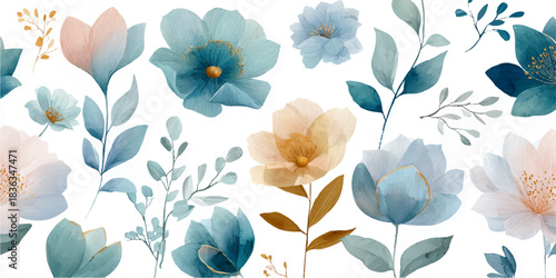 Soft watercolor floral pattern with delicate pastel blue and peach flowers and green leaves