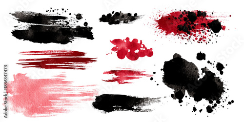 Collection of abstract watercolor paint splatters and brush strokes in black red and pink on white background