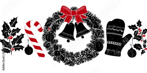 Festive christmas wreath with holly candy canes mittens and bells on white background