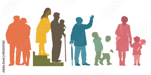 Diverse group of people of all ages and ethnicities standing together in silhouette against a white background
