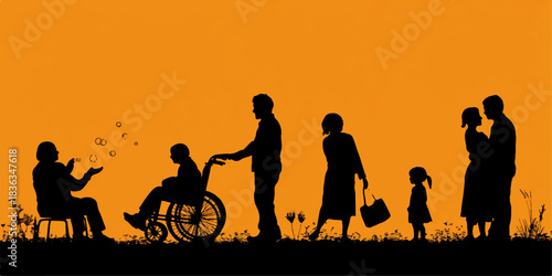 Diverse group of people including elderly and disabled individuals silhouetted against a warm orange sunset sky