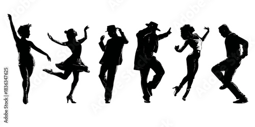 Diverse group of people silhouetted in dynamic dance poses against a clean white background