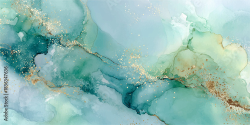 Abstract flowing watercolor and ink art with swirling turquoise green and gold textures creating a fluid organic pattern