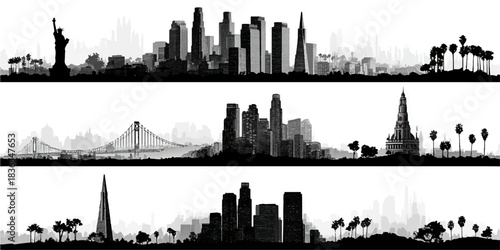 Panoramic silhouettes of modern city skylines with palm trees against a stark white background