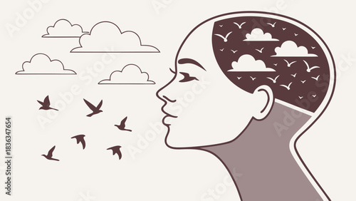 Birds and Clouds Flying from a Profile Head