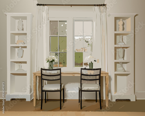 A cozy reading nook with a window chairs and built in bookshelves