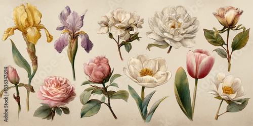 Collection of vintage botanical illustrations of various delicate flowers in soft pastel colors