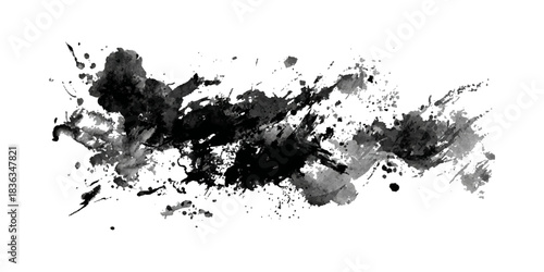 Abstract black ink splatters and splashes on a clean white background for artistic design