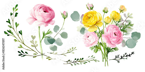 Delicate watercolor painting of pink and yellow ranunculus flowers with greenery