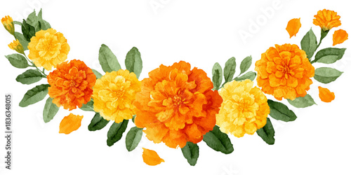 Vibrant watercolor garland of orange and yellow marigolds with green leaves and petals