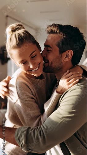 woman giving romantic surprise gift to beloved man at home. closed eyes with hand from behind