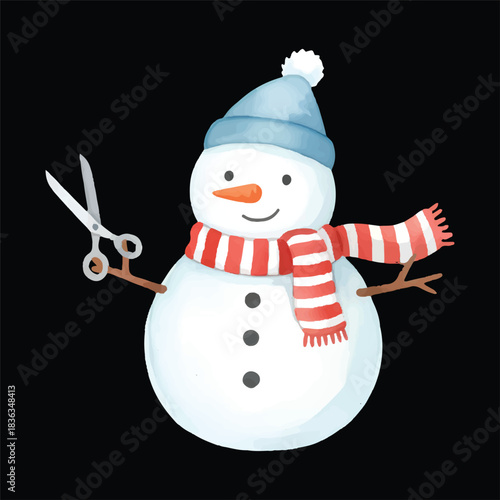 Cute snowman watercolor vector illustration as tailor isolated on black background
