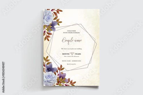 WEDDING INVITATION FRAME WITH FLOWER DECORATIONS AND FRESH LEAVES
