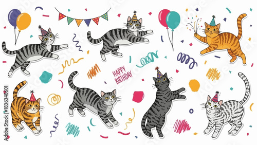 Cats Celebrating Birthday Party with Balloons and Confetti.