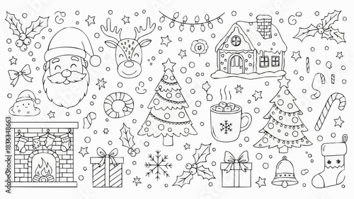 Christmas Holiday Festive Decorations and Symbols in Black and White.