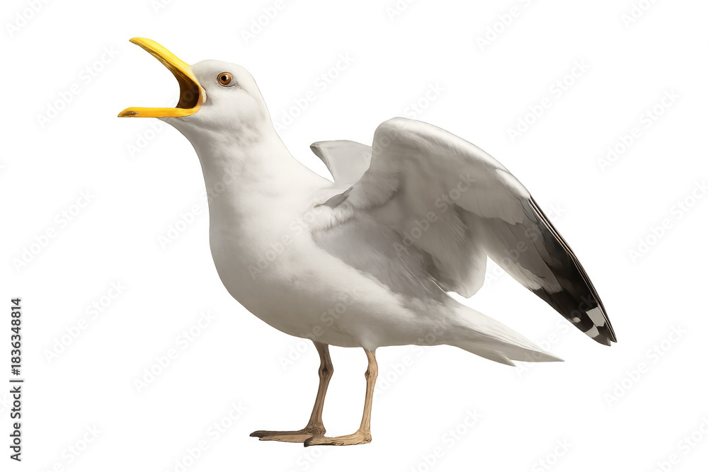 Fototapeta premium Seagull calling with open beak and raised wings on transparent background, wild seabird making noise