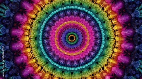 A vibrant, colorful, abstract mandala with a circular pattern of rainbow colors, featuring a central eye-like shape and intricate floral designs in the background.