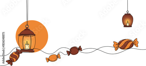 Whimsical autumn mobile featuring glowing lanterns and decorative fish suspended from a wavy line against a clean white background evoking a festive and playful seasonal atmosphere