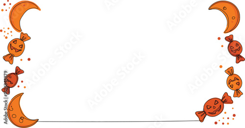 Whimsical halloween border design featuring hand drawn jack o lantern candies and crescent moons on a white background perfect for invitations flyers and decorations