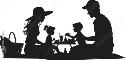 Family picnic silhouette enjoying meal together with children eating and sharing food outdoors vector illustration