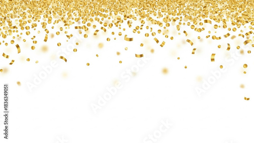 Gold Confetti Falling from Top with Dense to Sparse Gradient on White Background and Soft Blur for Party Banner Design
