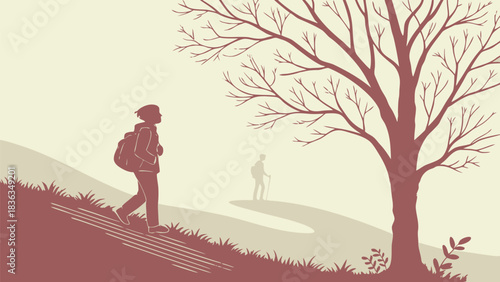 Silhouette of a Hiker and Bare Trees