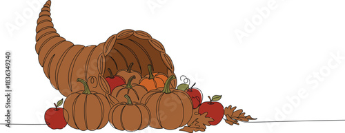 Abundant harvest cornucopia overflowing with pumpkins apples gourds and autumn leaves symbolizing thanksgiving and fall bounty against a clean white background for seasonal celebrations