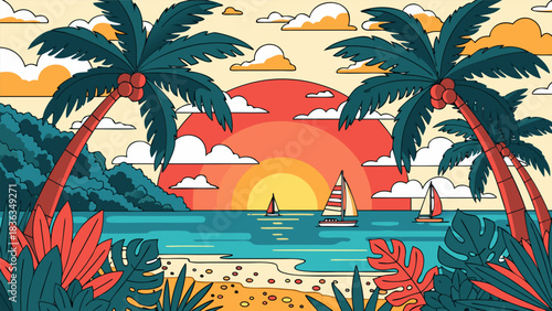 Vibrant tropical beach sunset illustration with palm trees and sailboats on the ocean vector background