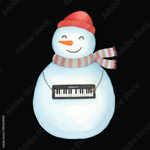 Cute snowman watercolor vector illustration as piano musician isolated on black background
