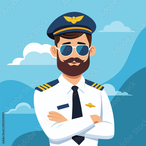 A bearded man wearing sunglasses and uniform stands confidently against a blue skyscape