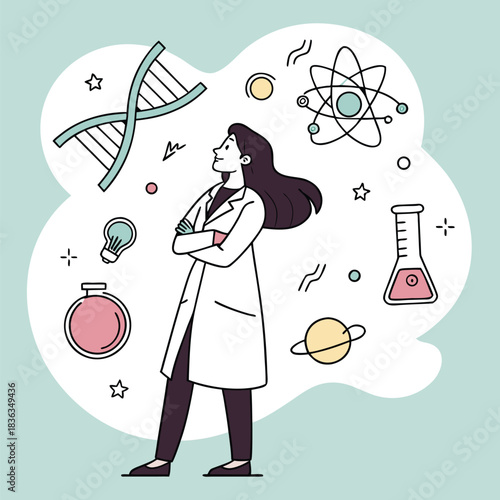Accomplished female scientist with arms crossed gazes upon scientific concepts with keen interest