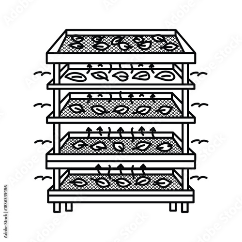 Multi-tiered drying rack with leaves, depicting air circulation and dehydration process