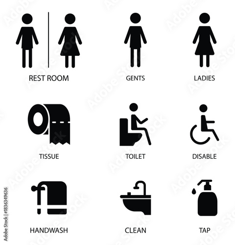 A set of black and white restroom signs depicting restroom symbols and related hygiene facilities signs