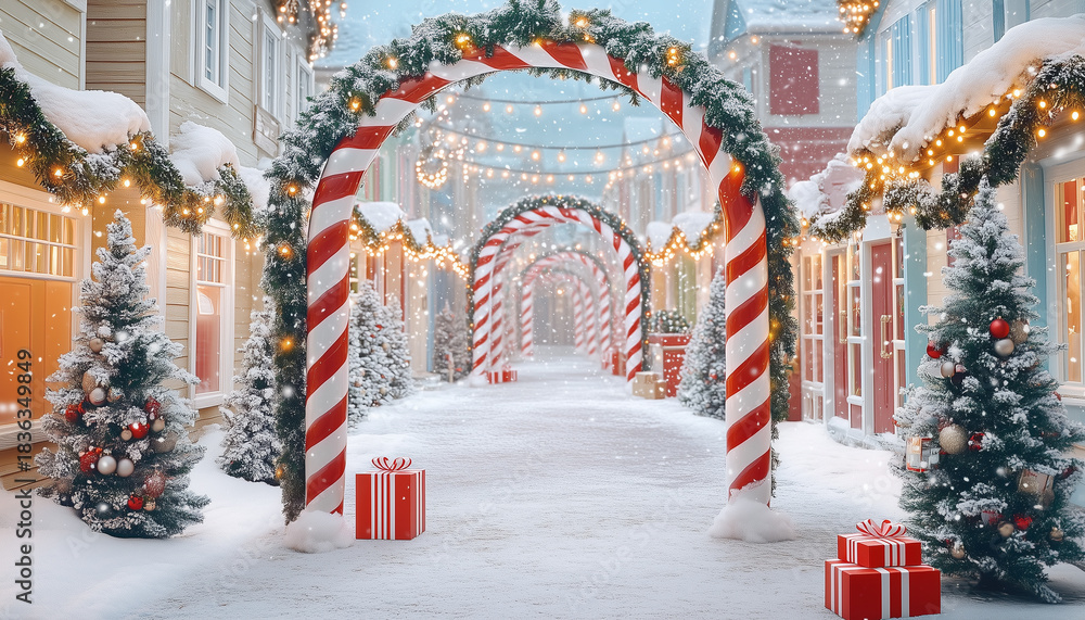 Naklejka premium Festive christmas arch with candy cane stripes, snow covered village, holiday lights, winter, cheerful, decorated, gift box