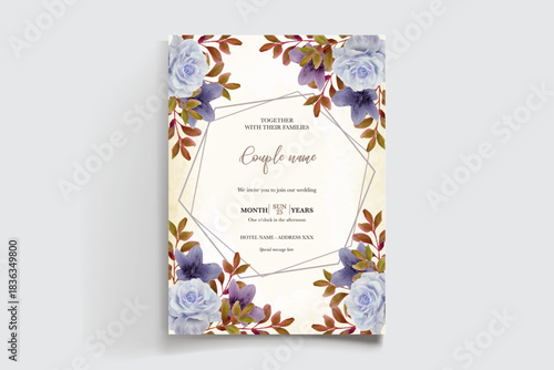 WEDDING INVITATION FRAME WITH FLOWER DECORATIONS AND FRESH LEAVES