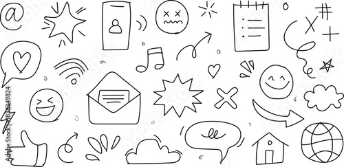 Hand-drawn doodle social media collection, a vector background set of internet icons, communication symbols, and digital technology elements for web design