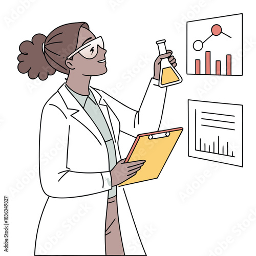 African scientist in lab coat holds flask analyzing charts for medical research success