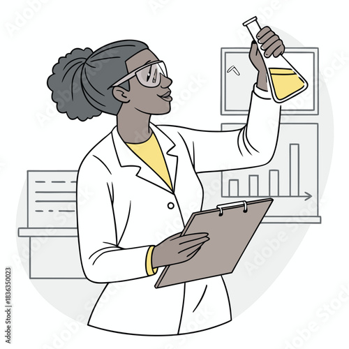 African American woman wearing goggles examines beaker in laboratory while holding clipboard closely