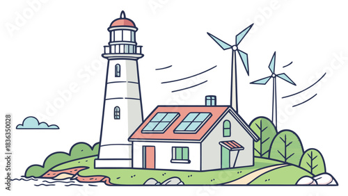 Lighthouse, Solar House, and Wind Turbines
