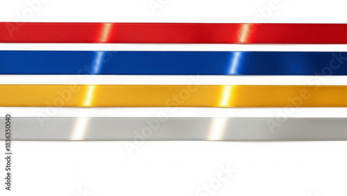 Collection of Straight Satin Ribbons in Red, Blue, Gold, and Silver with Light Reflections on White Background, Horizontal Layout