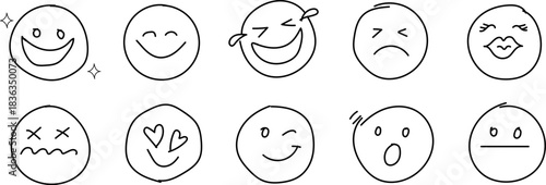 Hand-drawn doodle emoticons vector set, a collection of sketch cartoon faces expressing various human emotions like joy, sadness, surprise, and love, ideal for comic design