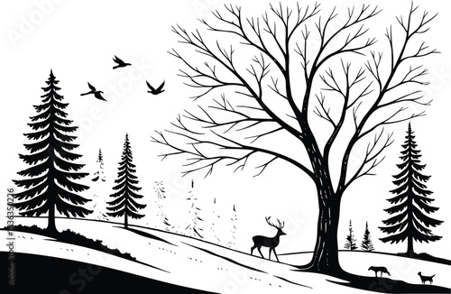 Happy Winter Solstice Illustration Design. Winter Solstice Seasonal Artwork. Festive Winter Solstice Greeting Design. Minimal Winter Solstice Line Art. Winter Solstice Celebration Illustration