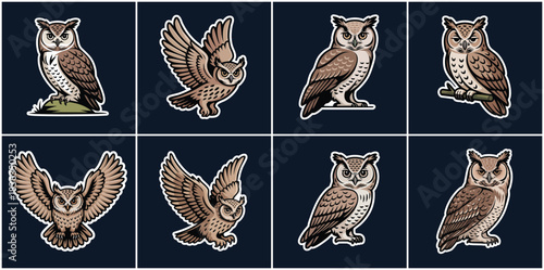 Majestic Wise Owl Icon Set Featuring Nocturnal Predator Birds with Wide Wings Flying and Sitting on Tree Branches for Wildlife Education, Nature Concepts, and Knowledge Visuals