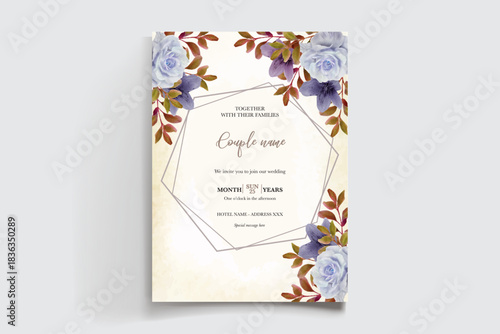 WEDDING INVITATION FRAME WITH FLOWER DECORATIONS AND FRESH LEAVES