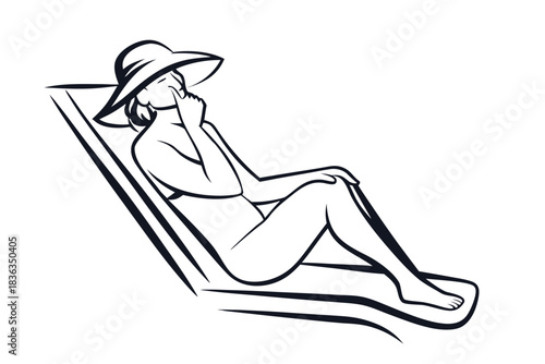 Abstract woman wearing hat relaxing on lounge chair is depicted in black and white