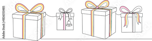 A minimalist sketch of four elegantly wrapped gift boxes adorned with delicate ribbons and bows presented on a clean white background evoking celebration and thoughtful giving