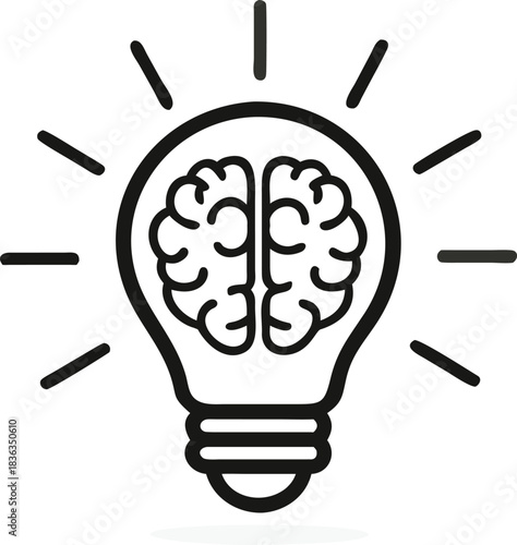 A stylized lightbulb containing a brain emits rays of thought, symbolizing innovative ideas