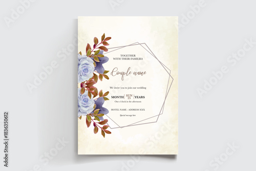 WEDDING INVITATION FRAME WITH FLOWER DECORATIONS AND FRESH LEAVES