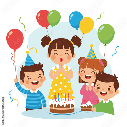 Birthday Celebration: Joyful children gather around a birthday cake adorned with candles, sharing laughter, balloons and creating a vibrant celebration of a special day.
